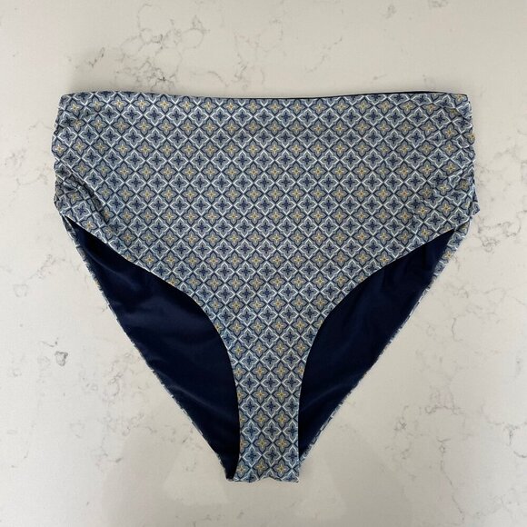 Reversible Print/Solid Hi Waist Bikini Bottoms Grey Blue Yellow Sz S/M no tags - Picture 1 of 7